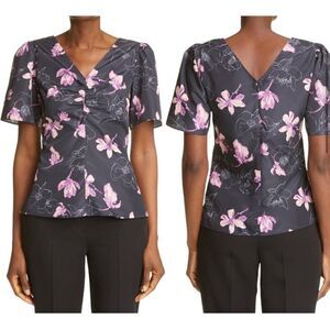 Club Monaco Ruched Floral Print Short Sleeve Blouse Top BNWT